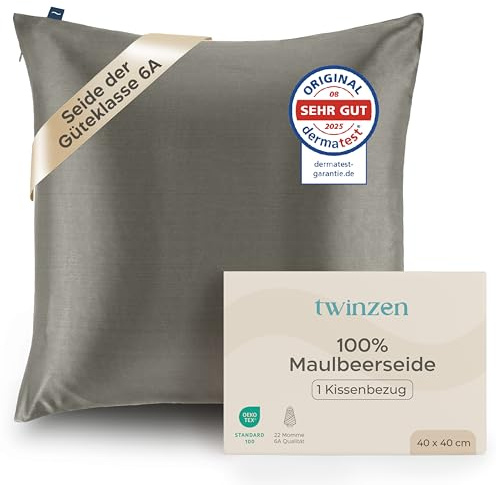 Twinzen Seidenkissenbezug 100% Silk Pillowcase 22 Momme Güteklasse 6A - Oeko-Tex Zert. für Haar und Haut - 1 Stück Dunkelgrau 40 x 40 cm