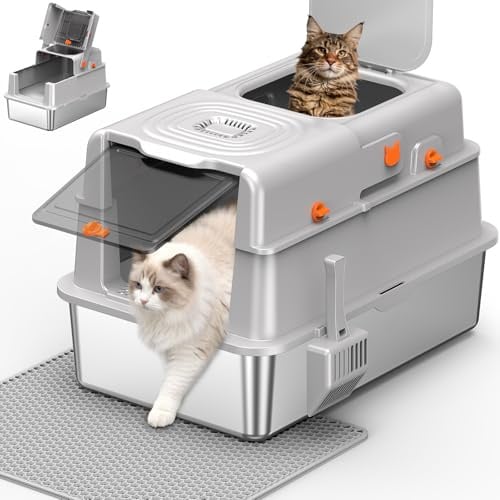 XXL Stainless Steel Cat Litter Box with Dual-Door Entry, Light Grey | Extra Large Metal Box for Big Cats, Odour Control Enclosed Tray with Carbon Filter, Non-Stick Easy-Clean Surface