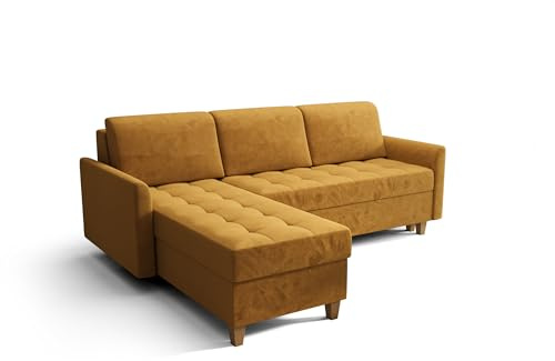 O-Sofa Ecksofa Kongo RBN08, Eckcouch in L-Form mit Schlaffunktion, Farbe: Gelb, Velourstoff, Ottomane Links