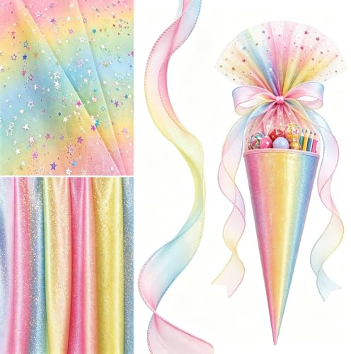 Schultüte Stoff,Schultüten Bastelset,Tüll Für Schultüte,Holografischer Stoff,Tüllstoff Glitzer,Organza Bänder,Dekostoff für Einschulung Schultüte,Zuckertüte,Tischdecke