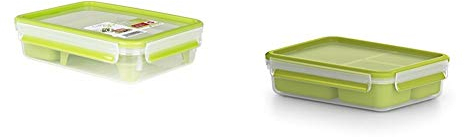 Emsa Lunch- und Snackbox mit 2 praktischen Einsätzen und Deckel, Brunchbox, Volumen: 1,2 Liter, Transparent/Grün, Clip & Go, 518099 + Lunch- und Snackbox Volumen: 1,2 Liter, Transparent/Grün, Clip & Go, 518100