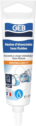 GEB Résine d'étanchéité tous fluides spécial eau potable. Sans filasse - Pour raccords métalliques à visser - Tube 20 ml