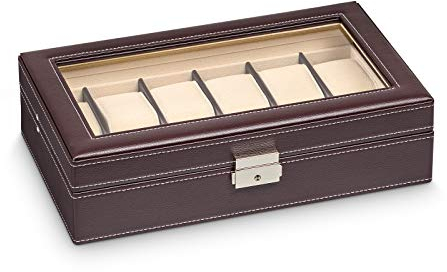Hermann Jäckle - Uhrenbox Crailsheim I Uhren-Box für 12 Uhren I Uhrenbox Lederimitat I Uhrenkasten Lederimitat braun I Uhrenaufbewahrung I Uhrenbox für Armbanduhren I abschließbar