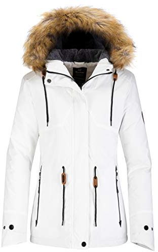 Wantdo Femme Manteau d'hiver Snowboard Outdoor Parka Randonnée Grande Taille Veste de Pluie Imperméable Blouson de Ski Décontracté Coupe-Vent Blanc L