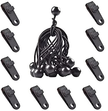Tiardey 20 Stück Tarp Clips Duty Lock Grip, Halter für Zeltbefestigungsclips, Pool Markisenabdeckung Bungee Cord Clip, Autoabdeckungsklemme - 10 Clips + 10 schwarz Fluoreszierende Gummibänder