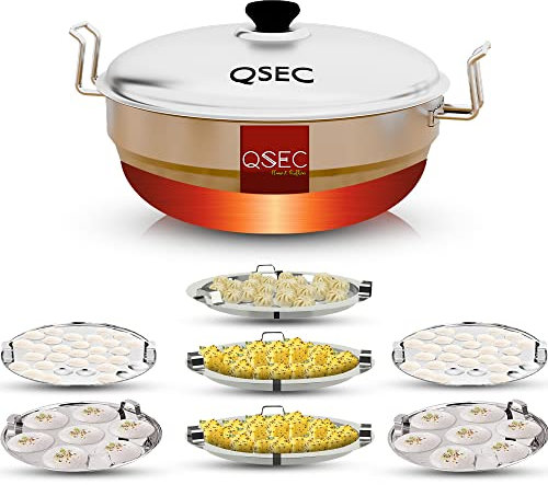 QSEC Edelstahl Idly Cooker Multi Kadai Idli und Dhokla Dampfgarer & Idli Kocher mit 7 Tellern | Mini Idli Ständer | 2 Mini Idli Teller | 2 Idli | 2 Dhokla | 1 Momos | Multi Utility Kadai