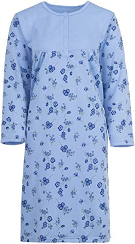 Zeitlos Thermo Nachthemd Blumen mit Stickerei Damen Langarm Knopfleiste M-2XL, Farbe:blau, Größe:XL