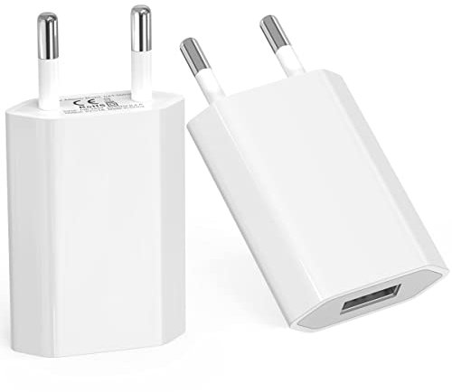 Caricatore USB per Iphone(2 Pezzi), Compatibile con Iphone 5 6 7 8 X XS XR XS Max, IPod touch/Nano, Smartwatch, Lettori MP3, luci led, alimentatore 5V 1A Caricabatterie