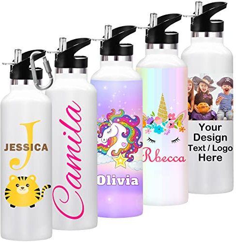 Personalized Water Bottles for School Supplies Bulk with Straw Custom Insulated Water Bottle Printed Name Text (26oz/12oz)