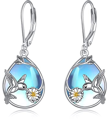 YFN Kolibri Ohrringe Sterling Silber Mondstein Dangle Drop Vogel Daisy Blume Schmuck Geschenke für Frauen Mädchen