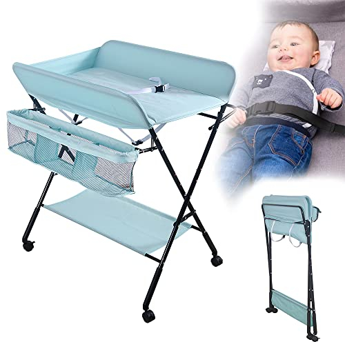 Table a Langer Pliante, Table à Langer Réglable en Hauteur avec Panier de Rangement, Ceinture de Sécurité et 4 Roues avec Frein-Diverses couleurs (Bleu clair)