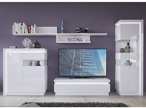 Lomadox Wohnwand Set mit indirekter Beleuchtung in Hochglanz weiß, B/H/T ca. 345/198,5/42 cm