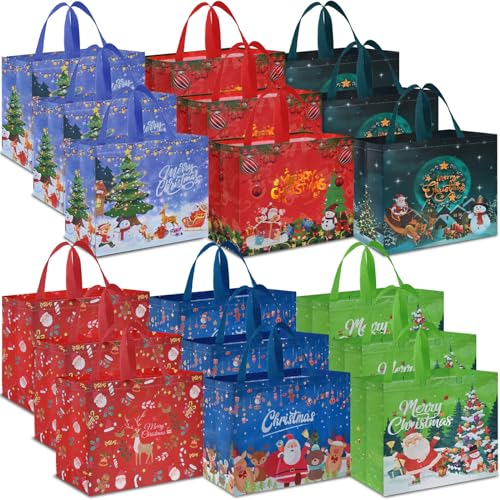 AhfuLife 18 Stück Geschenktüten Weihnachten Groß, 40 * 36 * 15CM, Non Woven Weihnachtstaschen Weihnachtstüten mit Griffen, Wiederverwendbare Weihnachtsgeschenktüten, Weihnachts Geschenktüten