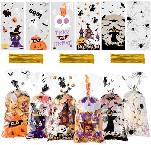 BBLIKE Halloween Tüten,Halloween süßigkeiten tüte,120 Pcs Cellophantüten mit Twist Krawatten, Halloween Beutel für Halloween-Party, Urlaubsfeier, Halloween Tasche Für Halloween Sweets Kekse Snacks