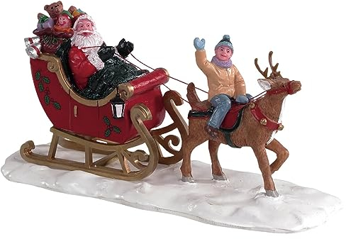 Magie di Natale Weihnachtsmann Schlitten mit Rentier und Kind Figur für Weihnachtsdorf Polyresin