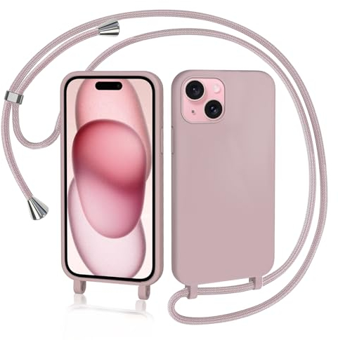 AOMYKE Handyhülle für iPhone 15 Plus Hülle mit Band, Handyband iPhone 15 Plus Hülle zum Umhängen Schutzhülle mit Kette Kordel Weich TPU Liquid Silikon Case, Pink