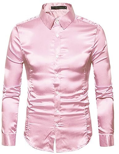 YIUPEDRFG Chemise Homme Satin Lisse Élégant Fonctionnel Anti-rides Chemise Homme Manches Longues Chemise Homme Casual Slim Fit, rose, M