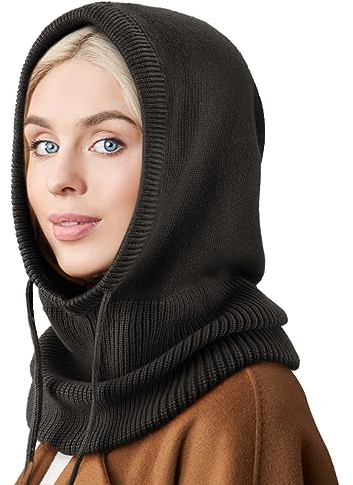 DRESHOW Wintermützen für Damen Balaclava Strickmütze Skull Cap mit Kordelzug Warmer Kapuzenschal Mütze