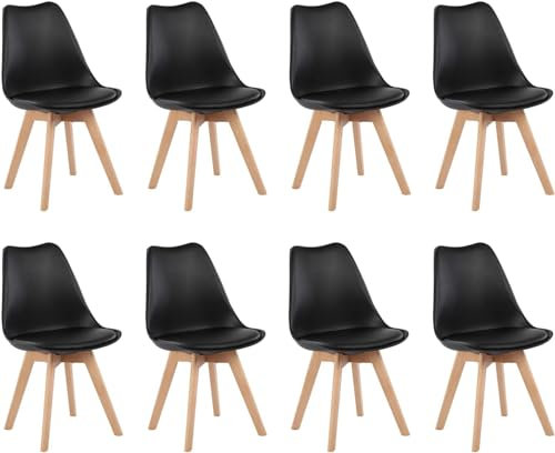 H.J WeDoo Chaises Salle à Manger Lot de 8 Chaises Scandinaves, Chaise Design Rembourrée Chaises de Cuisine, Pieds en Bois de Hêtre Massif,Noir