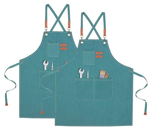 QUARKZMAN 2Stk Kochschürze für Männer und Frauen mit Großen Taschen Baumwolle Segeltuch Kreuz Zurück Schürzen für Küche Kochen Kunst Malerei Passt für Größe M bis XXL Türkis