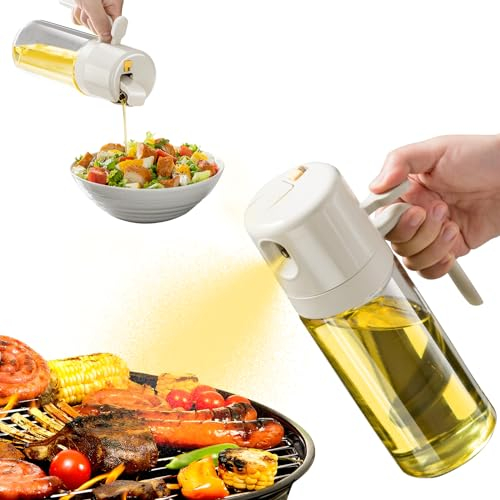 Gorouy 2 en 1 Pulverizador de Aceite, 550 ml Dispensador de Aceite para Freidora de Aire, Botella de Aceite de Oliva de Vidrio a Prueba de Fugas para Ensaladas Barbacoa, Utensilios de Cocina (550ML)