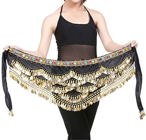 Damen Bauchtanz Gürtel, Tanztuch mit Münzen für Bauchtanz, Chiffon Hüfttuch Bauchtanz Münztuch, Bauchtanz Kostüm Hüfttuch Rock, Bauchtanz Münzgürtel Tanztuch Bauchtanz Kostüm (Schwarz, One Size)