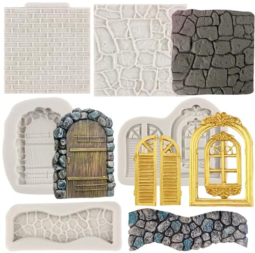 MYPRACS Brick Wall Texture Silicone Mould Stone Path Fondant Mould Set of 5 | Window Door Mould Enchanted Vintage Fairy Garden Cake Decorating Candy Polymer Clay Gum Paste