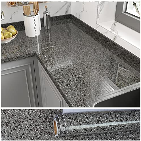 VEELIKE Klebefolie Terrazzo Schwarz Tapete Granit Dunkelgrau Küchentapete Abwaschbar Dekorfolie Selbstklebende Folie Küchenrückwand Wandtapete Badezimmer Arbeitsplatte Steintapete 40cm×300cm