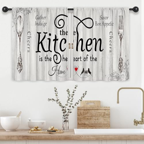 Riyidecor Juego de 2 cortinas de 61 cm de largo para ventanas pequeñas, cortinas de cocina rústicas, diseño vintage de país, tabla de madera, bolsillo para cortinero, estilo granja, citas divertidas