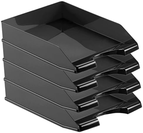ACAN Tradineur - Pack de 4 bandejas de Oficina apilables, plástico, Organizador Documentos A4, revistas, folletos, sobremesa, Escritorio, Fabricado en España (Negro - 35 x 25,5 x 6,5 cm)