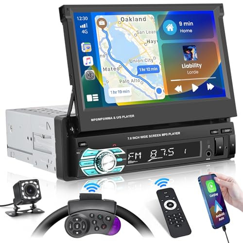 Inefala Carplay 1 DIN avec Écran Rétractable Manuel de 7 Pouces, Autoradio avec Bluetooth Android Auto Mirror Link FM Sept Couleurs Lumineuses et Caméra de Recul USB/AUX/SWC/TF