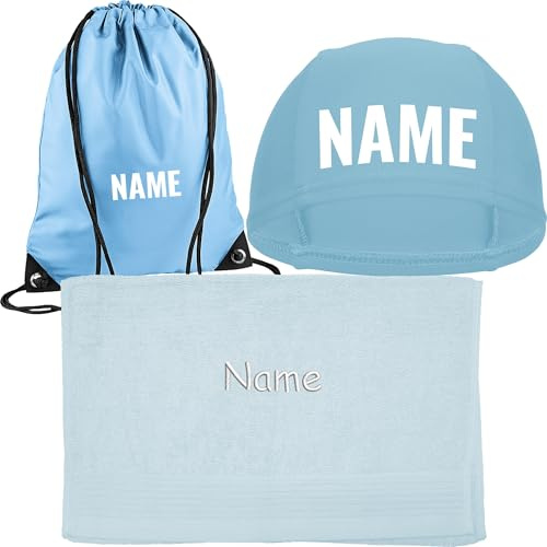 Kinder-Set Badekappe + Turnbeutel mit Namen Bedruckt + Handtuch Bestickt mit Name