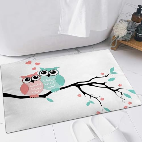 EMFSLA rutschfest Badezimmer Badeteppiche,Weich Hochflor Saugfähig Badvorleger Waschbar Flauschige Mikrofaser Badematte,Zwei Eulen auf einem AST mit Herzen,40x60 cm