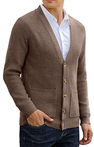 Sailwind Mens Long Sleeve Cardigan Autumn Chunky Knitted V Neck Button Cardigan Soft Cable Knit Sweater for Men (Dark Khaki, M)