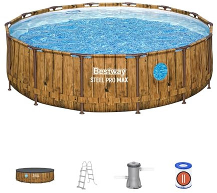Bestway Steel Pro Max Above Ground Pool, Metal Frame Round Swimming Pool, Family Swimming Pool with Windows, Complete Set 14ft, Wood