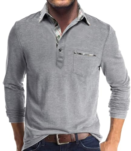 Comilaka Poloshirt Herren Langarm Kontrastfarbe leichtes Langarmshirt mit Tasche Polo Klassisches Herbst Winter