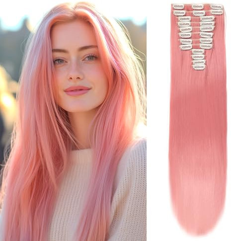 JIAMEISI Lot de 12 extensions de cheveux à clipser pour femme - 55,9 cm de long - 180 g - En fibre synthétique - Pour tête complète - Rose