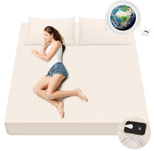 VigorVortex Erdungs-Spannbetttücher 90% Bio-Baumwolle und 10% Silberfaser Erdungsbettlaken mit EU Erdungskabel für Besseren Schlaf 200x200cm Beige