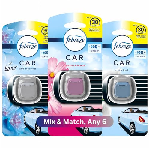 Febreze Car Vent Clip Air Freshener Mix & Match Any 6 | Blossom & Breeze, Cotton Fresh & April Fresh | Up to 30 Days Fights Odours & Freshens
