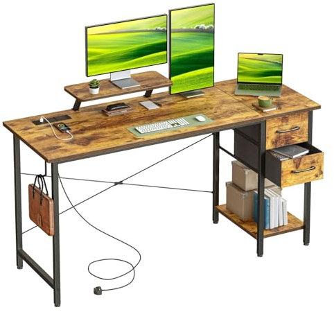 DOMSHOCT Computer Desk with Drawers & Power Outlets, 140*50cm Home Office Desk with Monitor Stand, Gaming Table with Reversible Storage Shelf & Hook, Small PC Workstation for Study Work Write, Brown