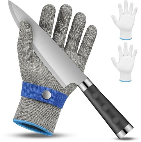 flintronic Guanti Antitaglio, Guanto Anti-Taglio Inossidabile, Guanti da Lavoro Alimentari Livello 9, Macellaio Guanti da Lavoro, per Taglio di Carne, Ostriche, Intaglio, Con 2 Guanti Nylon (S)