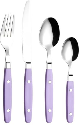 EXZACT Cutlery Set 24pcs Stainless Steel - with Rivet Craft Handles/Retro Style Flatware - 6 x Dinner Forks, 6 x DinnerKnives, 6 x Table Spoons, 6 x Tea Spoons -Serves 6 (Lilac)