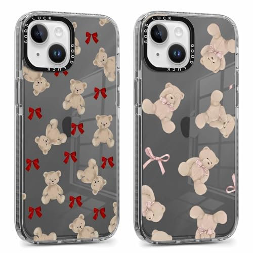 Phoona 2 packs Phone Case for iPhone 13 mini 5,4'', Cute Clear Transparent Cover with Bear Pattern Aesthetics Design, Soft Shockproof Protective Bumper Slim Funda for Women Girls