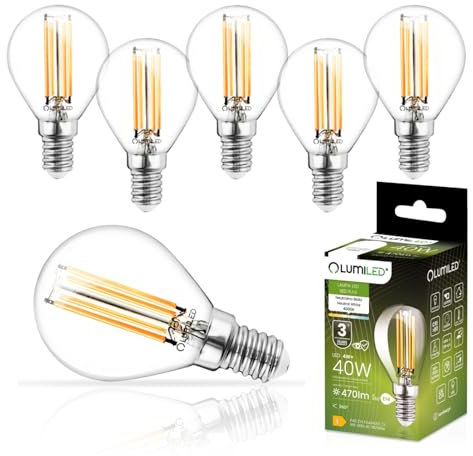 Lumiled P45 E14 LED Lampe 4W (ersetzt 40W), 470Lumen, Vintage Filament Klar Glas LED Lampe Tropfenform Tropfen Kugel 4000K Neutralweiß Birne Lampen 360° Strahlwinkel Glühbirnen Kugelbirnen 6er-Pack
