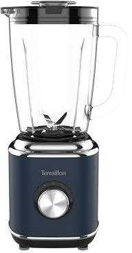TERRAILLON - NEW MOON- Blender Electrique, Capacité 1.75L, 600W, Bol en verre, 5 vitesses réglables, Fonction Pulse, 4 Lames en Inox, Couvercle anti-débordement, Corps en Inox peint, Bleu