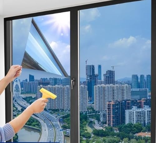 Niviy Fensterfolie Spiegelfolie Fenster von Außen Blickdicht von Innen Durchsichtig,44.5X200cm Sichtschutz Sonnenschutz Hitzeschutzfolie Anti-UV Selbstklebend Einseitige Spiegelfolie Silber