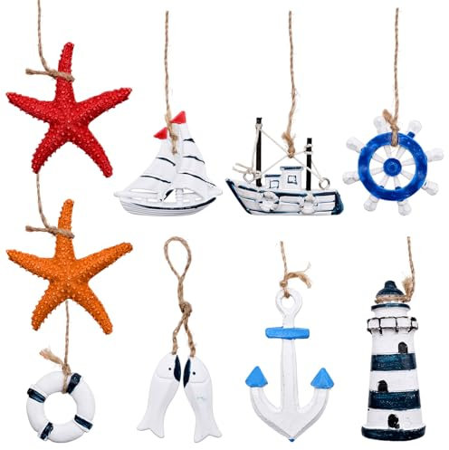 Mritrit 9 Pieces Small Nautical Wall Decor Set, Wooden Anchor, Sailboat, Lighthouse, Fishing Net Hanging Decoration, Mini Marine Ornaments for Coastal Beach House, Boat Cabin, Garden or Sea Display