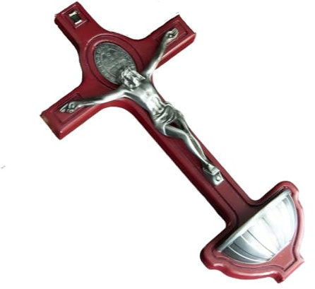 RZRHMUHN Holz-Kruzifix des Heiligen Benedikts Exorzismus mit Weihwasser-Schriftart – 21,6 cm katholisches Dekor zur Wandmontage, Metallkorpus, religiöses Geschenk (rot)