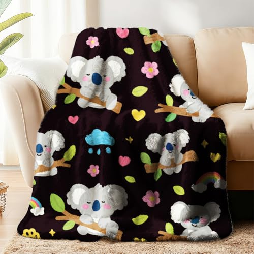 WADORN Koala Überwurfdecke Kuschelige Weiche Überwurfdecke Mit Koala Regenbogen Baumast Flauschige Flanell Fleecedecken Plüsch Süße Tierliebhaber Geschenke Für Wohnzimmer Schlafsofa 150x130cm