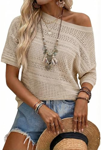 Arach&Cloz Women's Jumpers Linen Crochet Short Sleeve Tops Summer Pullover Hollow Out Casual Vacation Outfits